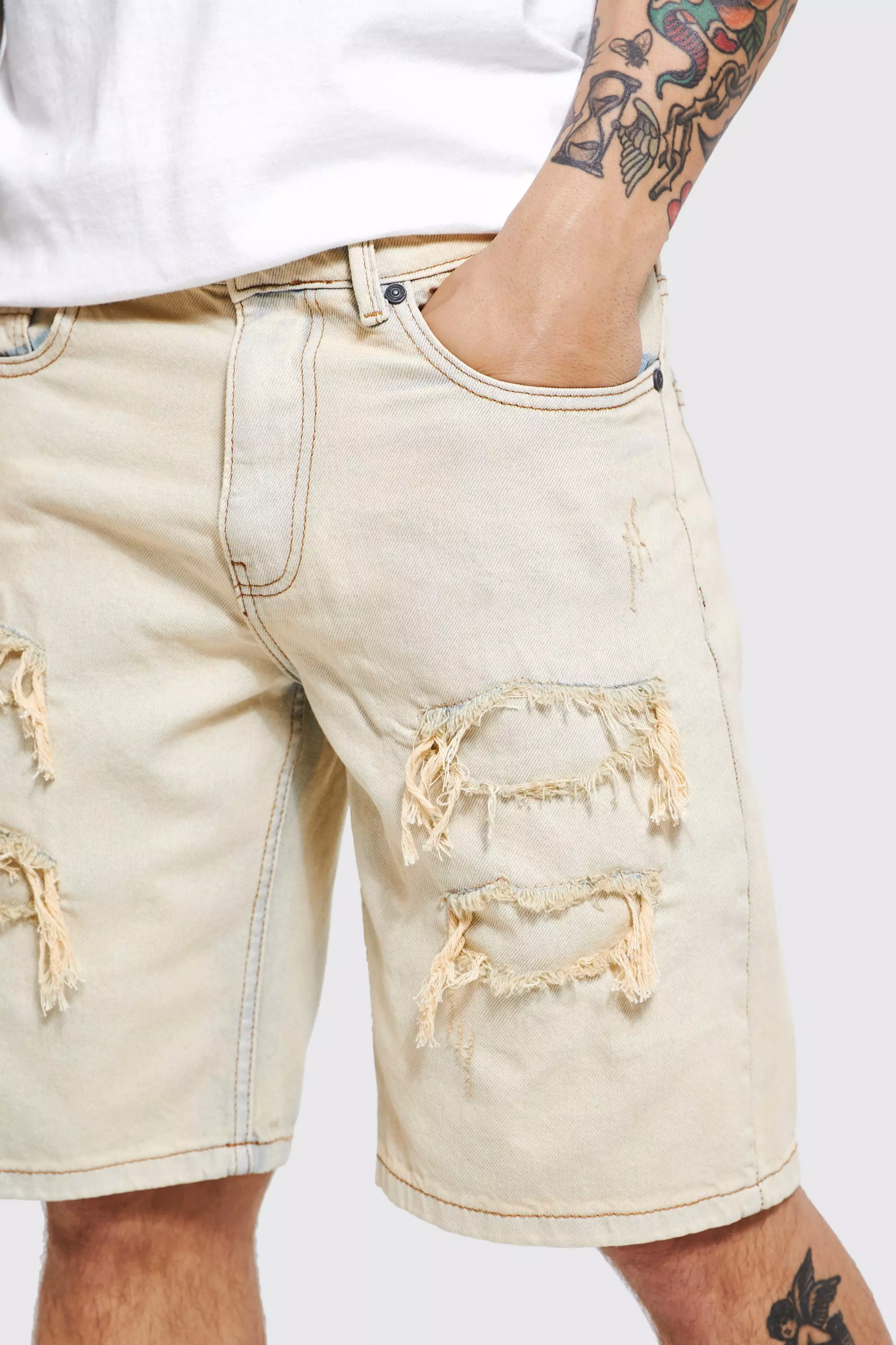 Straight Rigid Bleached Ripped Denim Shorts boohooMAN UK